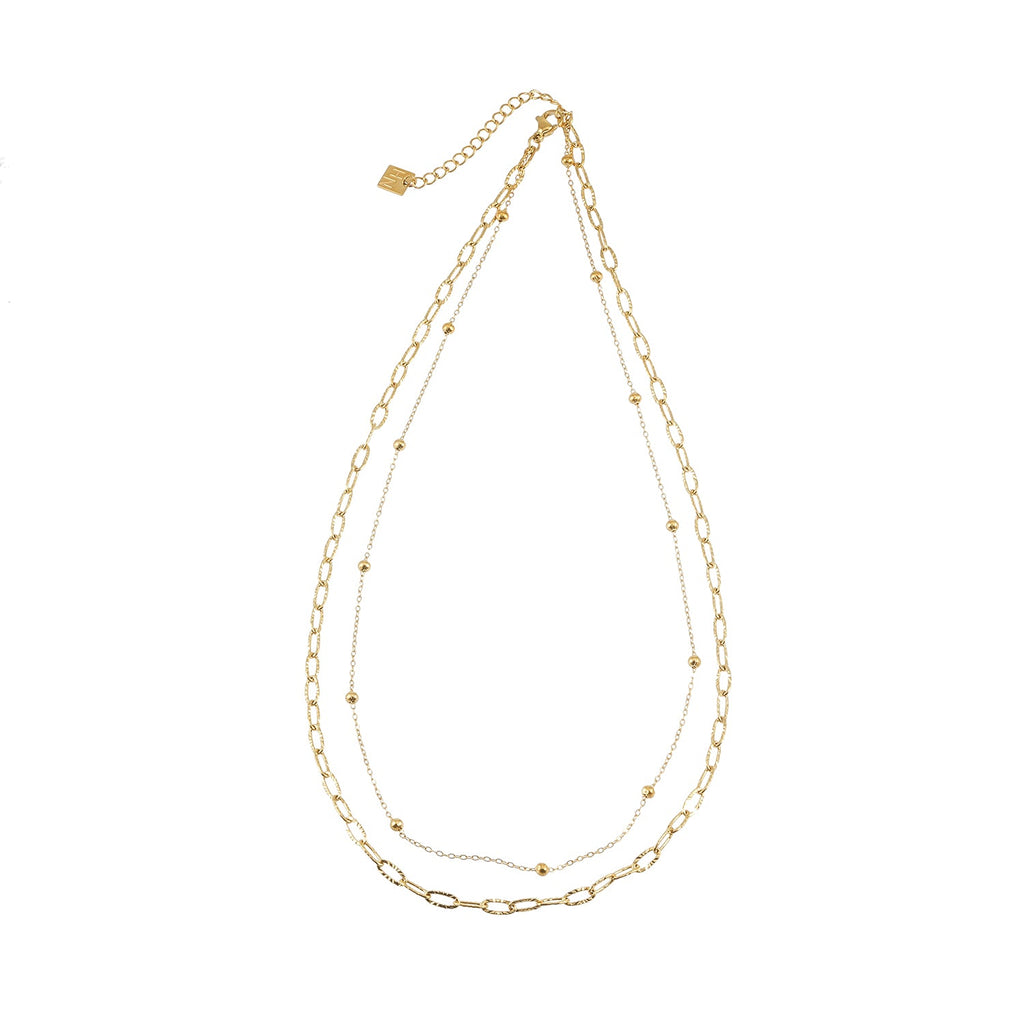 CASTILIA Or : collier double chaîne trombone et chaîne perlée