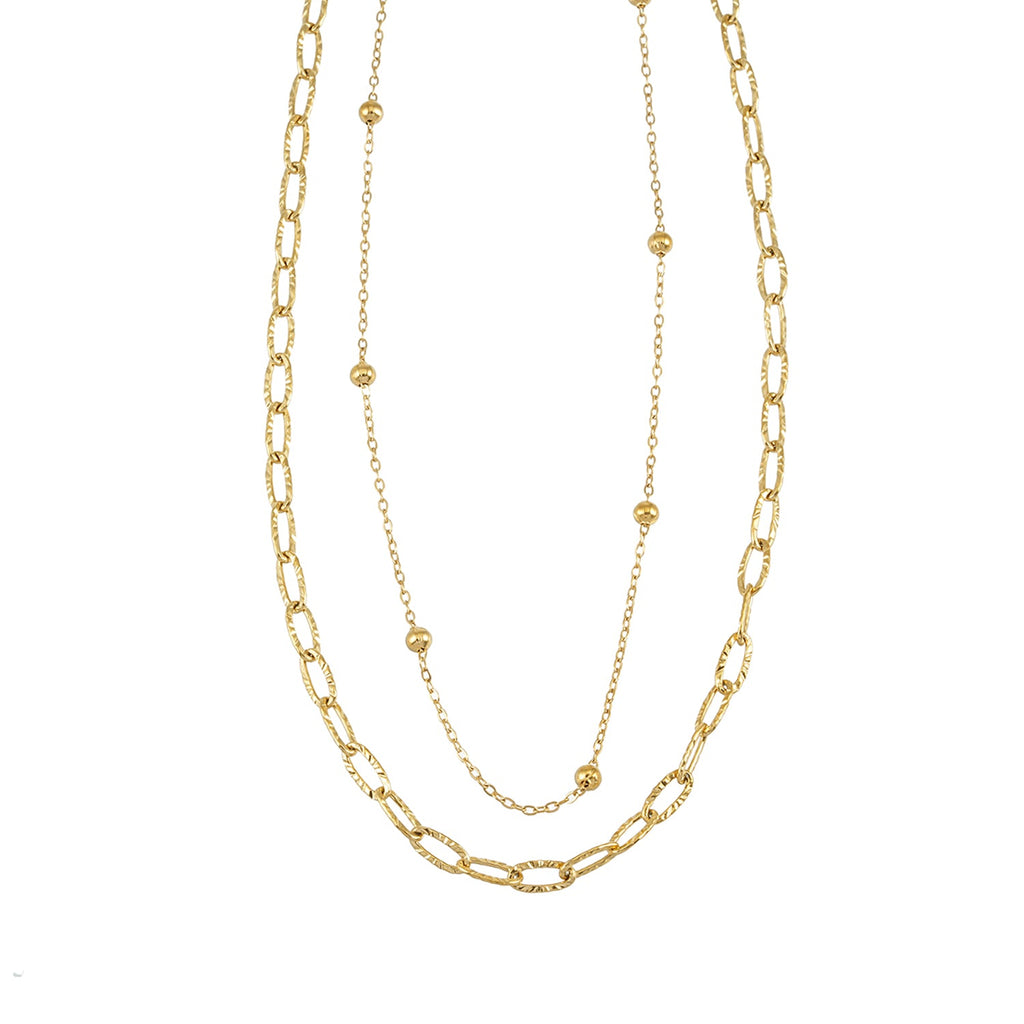 CASTILIA Or : collier double chaîne trombone et chaîne perlée