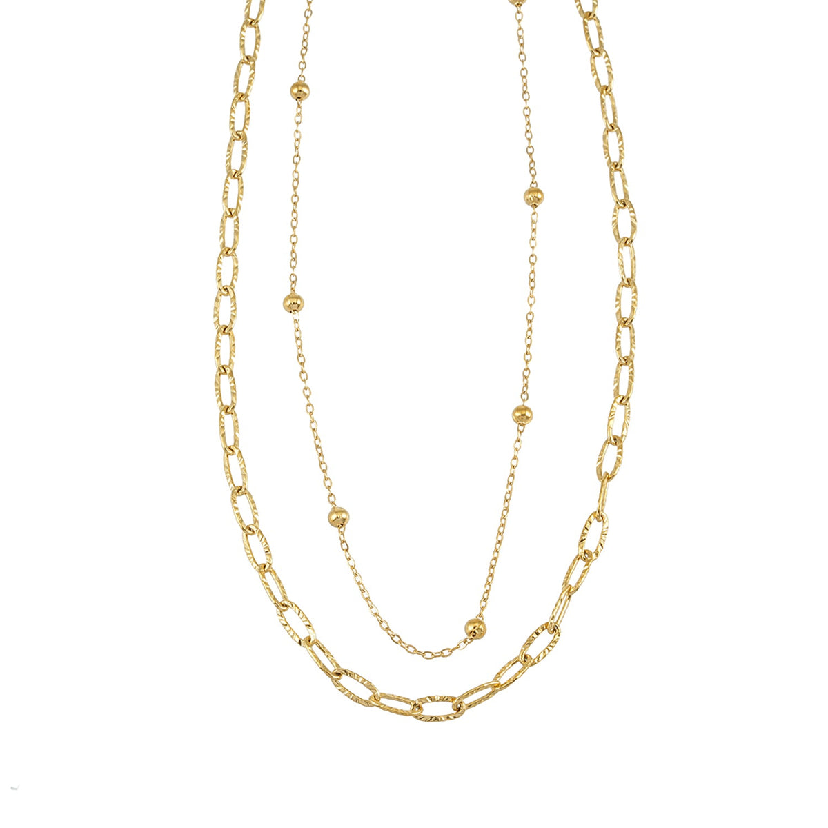 CASTILIA Or : collier double chaîne trombone et chaîne perlée