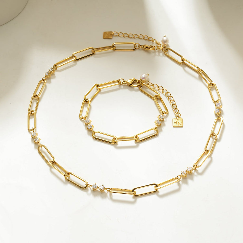 ELOPPINA Or : collier chaîne trombone avec zircons et breloque de perle d'eau douce