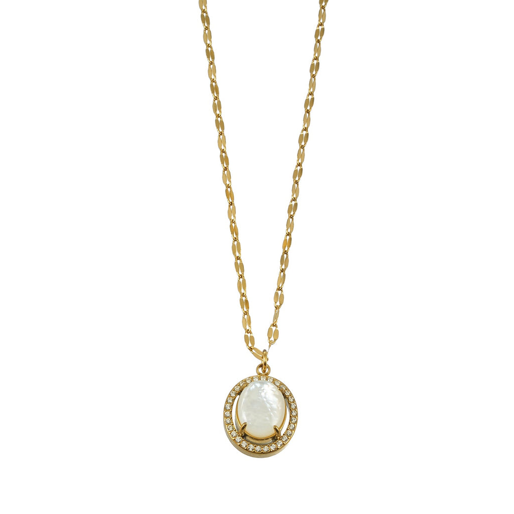 HAMMELA Or : collier pendentif avec perle centrale et halo de cristaux