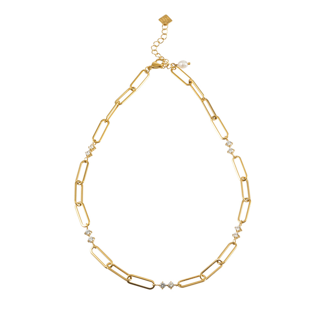 ELOPPINA Or : collier chaîne trombone avec zircons et breloque de perle d'eau douce