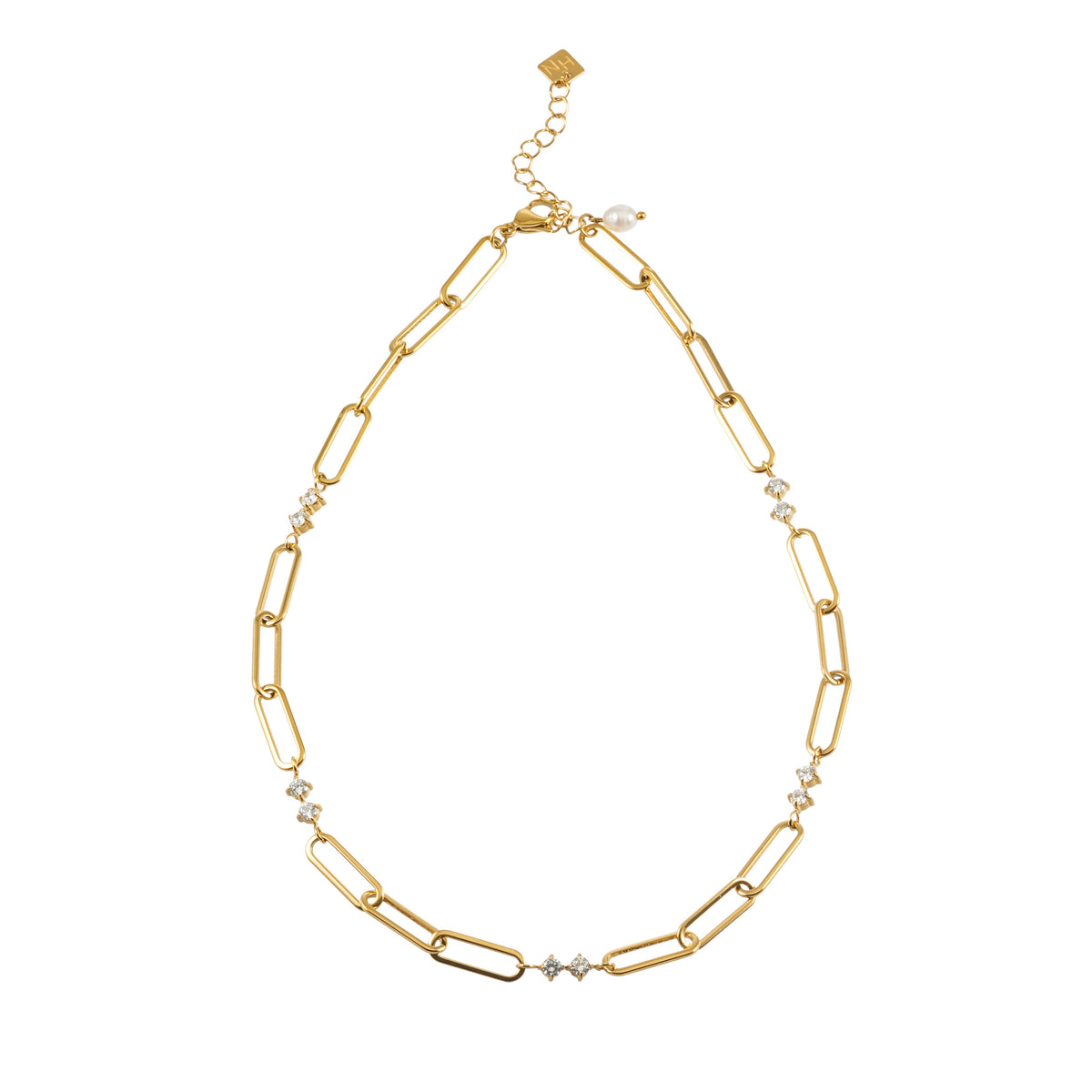 ELOPPINA Or : collier chaîne trombone avec zircons et breloque de perle d'eau douce