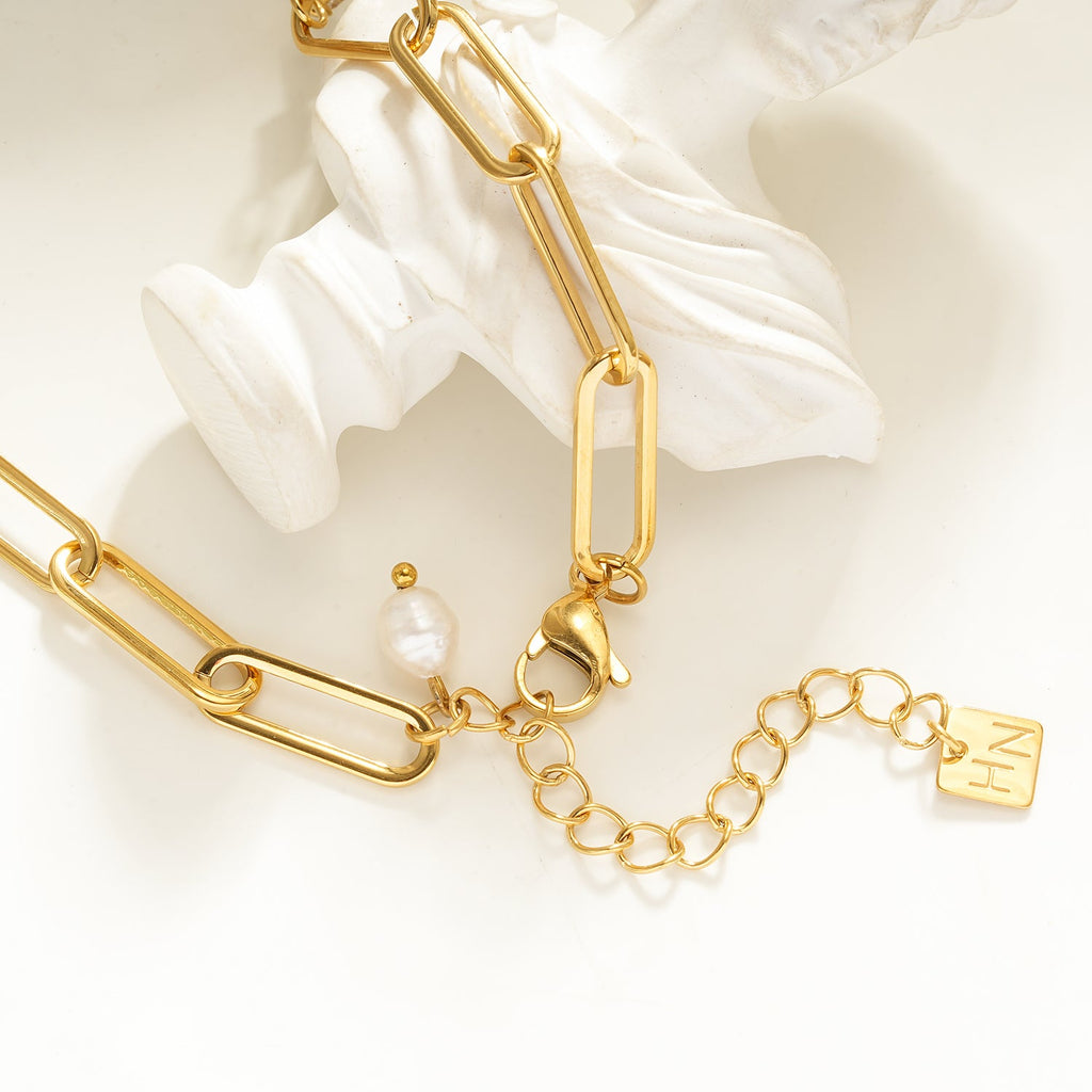 ELOPPINA Or : collier chaîne trombone avec zircons et breloque de perle d'eau douce