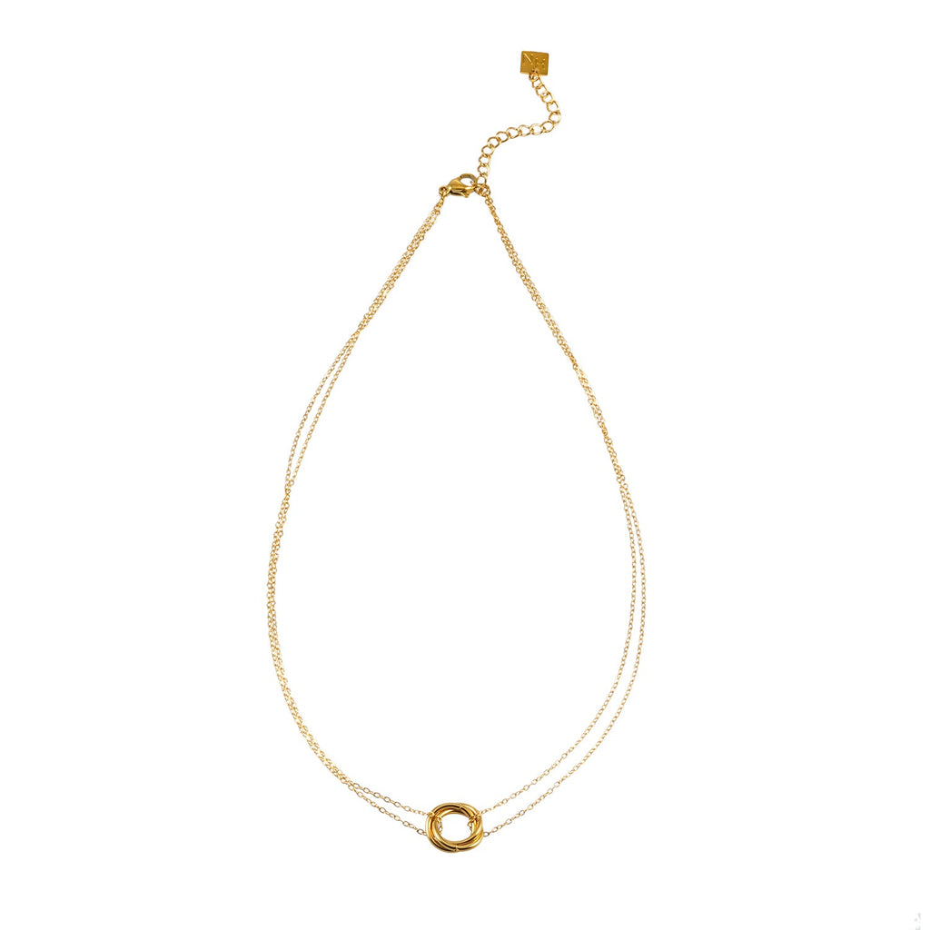 ELVIRA Or : collier délicat à double chaîne, pendentif 3 anneaux entrelacés