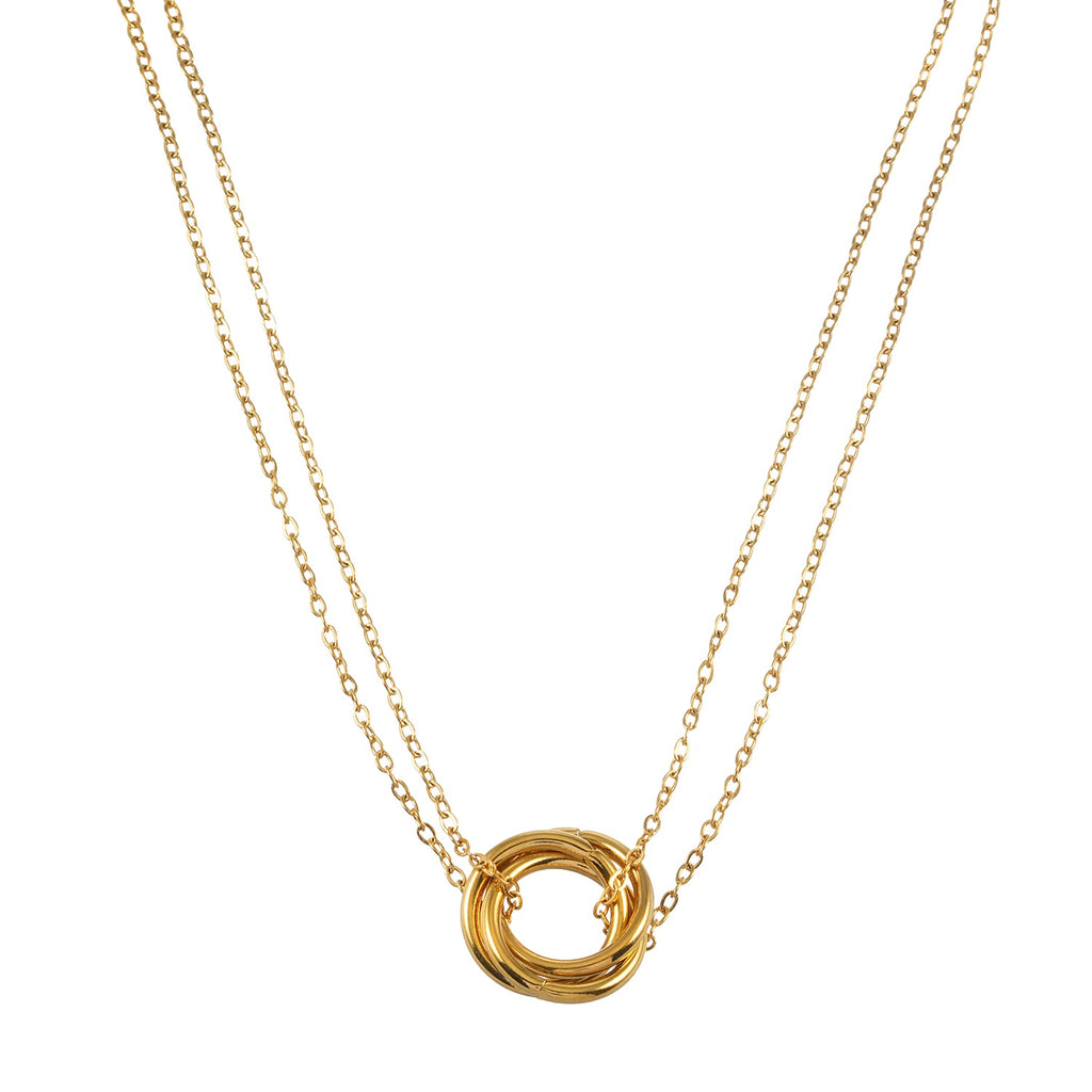 ELVIRA Or : collier délicat à double chaîne, pendentif 3 anneaux entrelacés