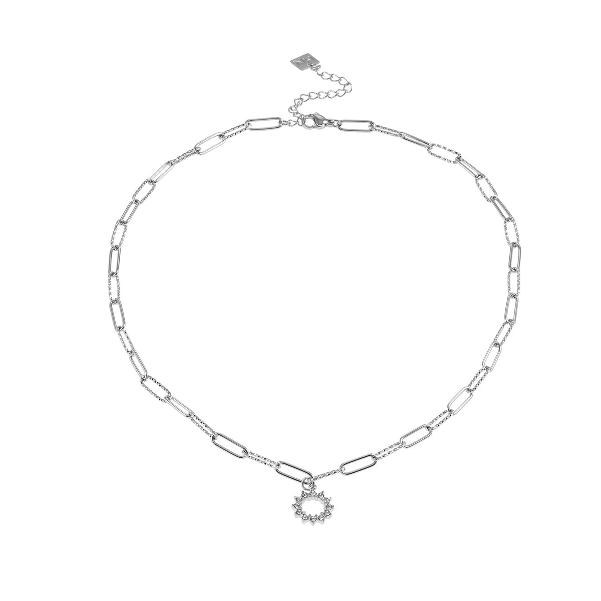 FRETTA : collier chaîne trombone avec pendentif étoile en zircons, or blanc (ton argent)