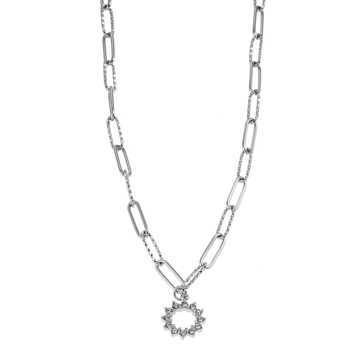 FRETTA : collier chaîne trombone avec pendentif étoile en zircons, or blanc (ton argent)