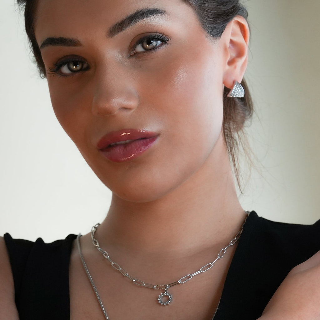 FRETTA : collier chaîne trombone avec pendentif étoile en zircons, or blanc (ton argent)