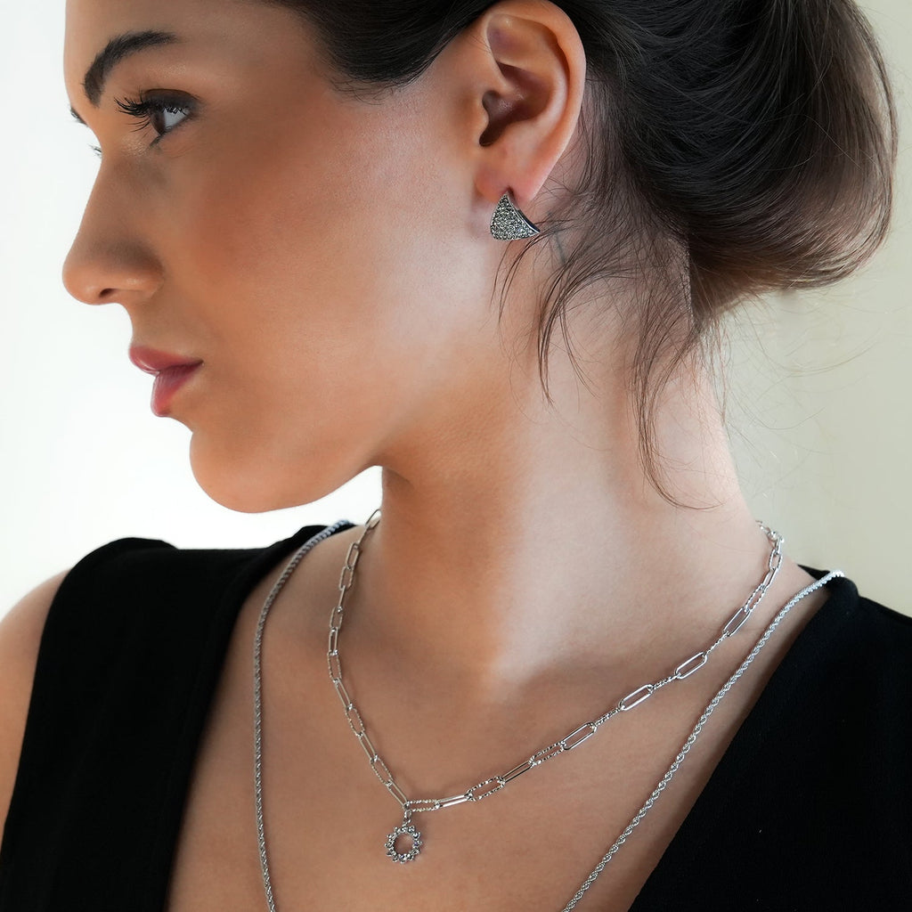 FRETTA : collier chaîne trombone avec pendentif étoile en zircons, or blanc (ton argent)