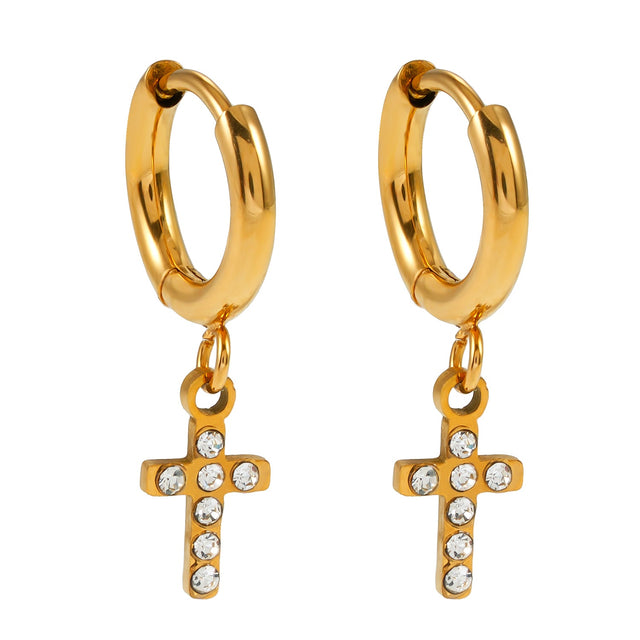 ISTEN Gold: Mini Hoop Earrings with Pavé Zirconia Cross