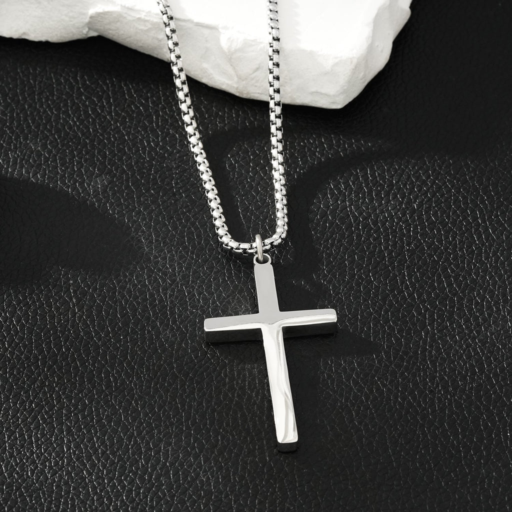 JENGO Silver (White Gold) Square Link Silver Chain Necklace with Minimalist Cross Pendant for Women or Men