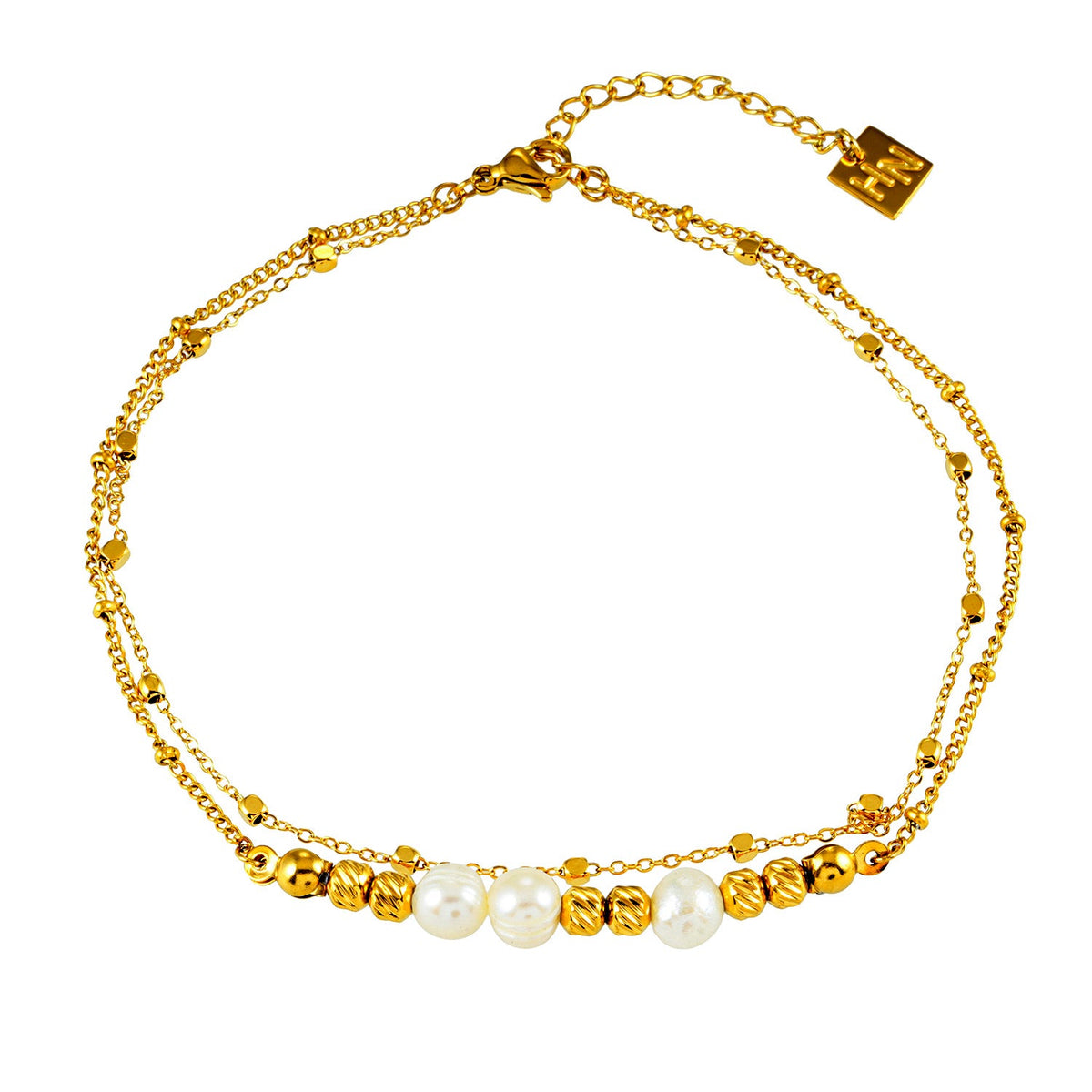 MARENTA LG : bracelet de cheville à chaîne dorée, billes dorées et perles d'eau douce