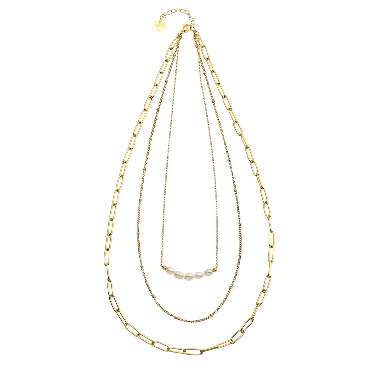 MARLI : collier doré 3 rangs avec perles naturelles