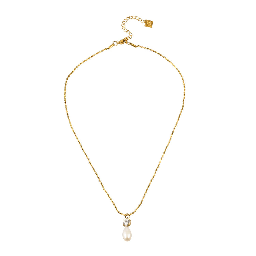 ORSOLIA Or : collier chaîne corde vintage, perle d'eau douce et zircon solitaire
