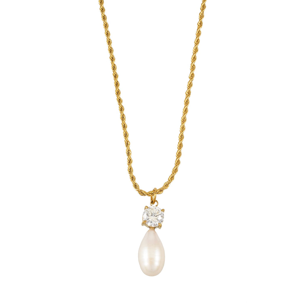 ORSOLIA Or : collier chaîne corde vintage, perle d'eau douce et zircon solitaire
