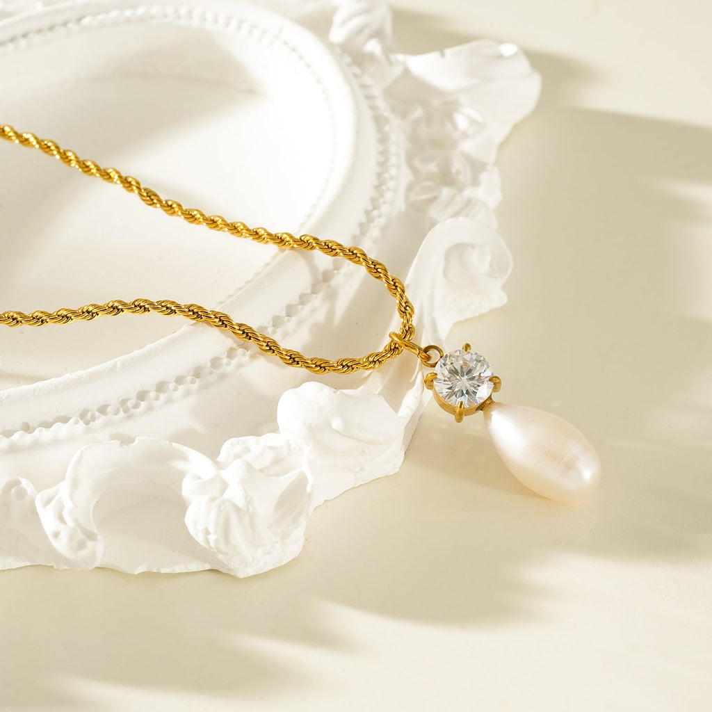 ORSOLIA Or : collier chaîne corde vintage, perle d'eau douce et zircon solitaire