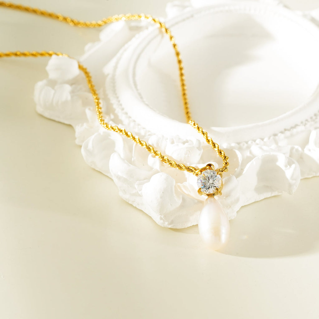 ORSOLIA Or : collier chaîne corde vintage, perle d'eau douce et zircon solitaire