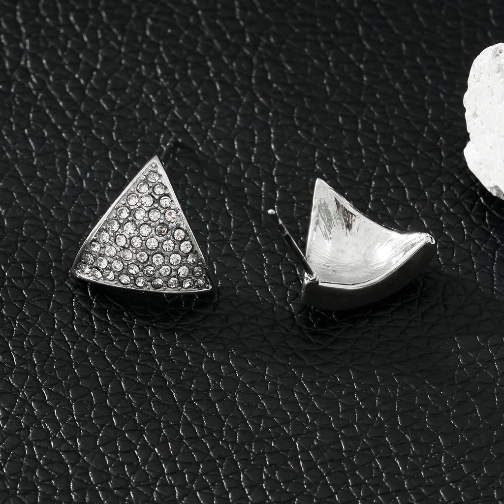 OTARU White Gold (Silver Toned): Pavé Zirconia (CZ) Triangle Shaped Stud Earrings.