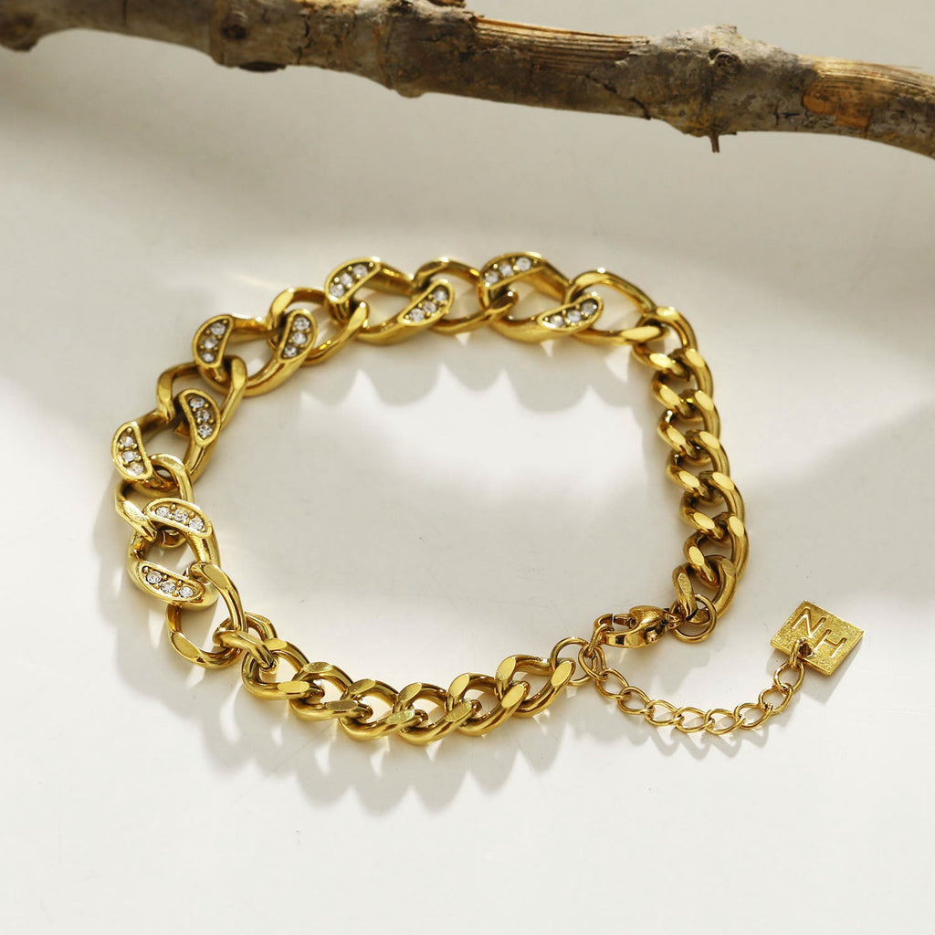 ROUBAIX Or : bracelet chaîne cubaine à zircons, pièce d'exception