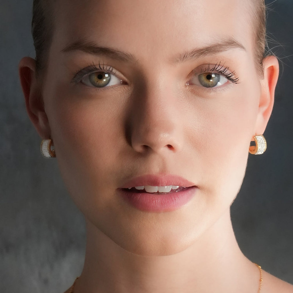 SHEERAN Gold: Quadruple-Row Pavé Zirconia (CZ) Hoop Stud Earrings with Ornate Border