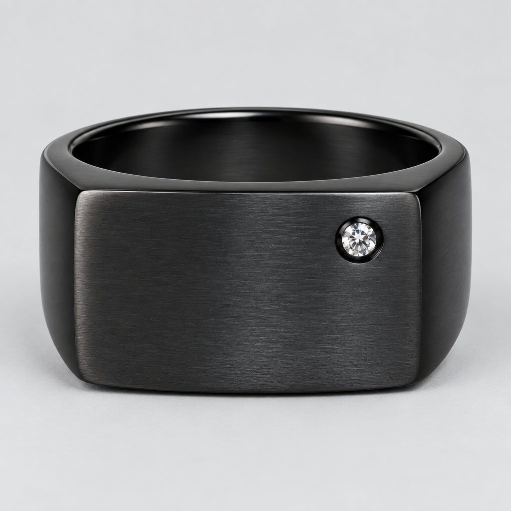 Chevalière noire pour homme SteelTime en acier inoxydable avec pierre