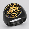SteelTime Men's Black Stainless Steel Signet Ring with Gold Lion