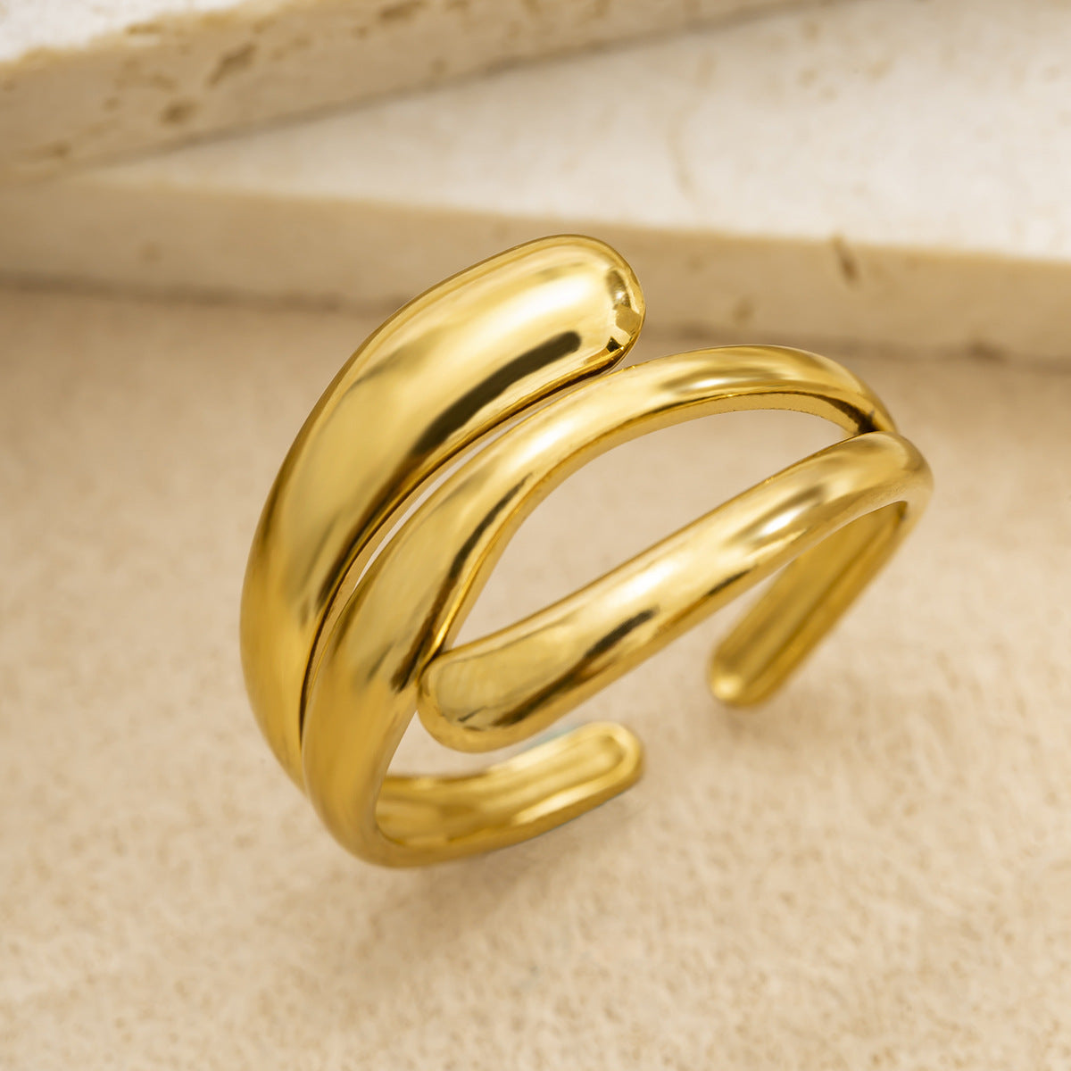 Bague ouverte ajustable à ligne géométrique en acier inoxydable