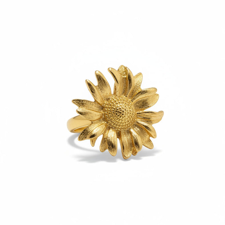Bague fleur en acier inoxydable doré