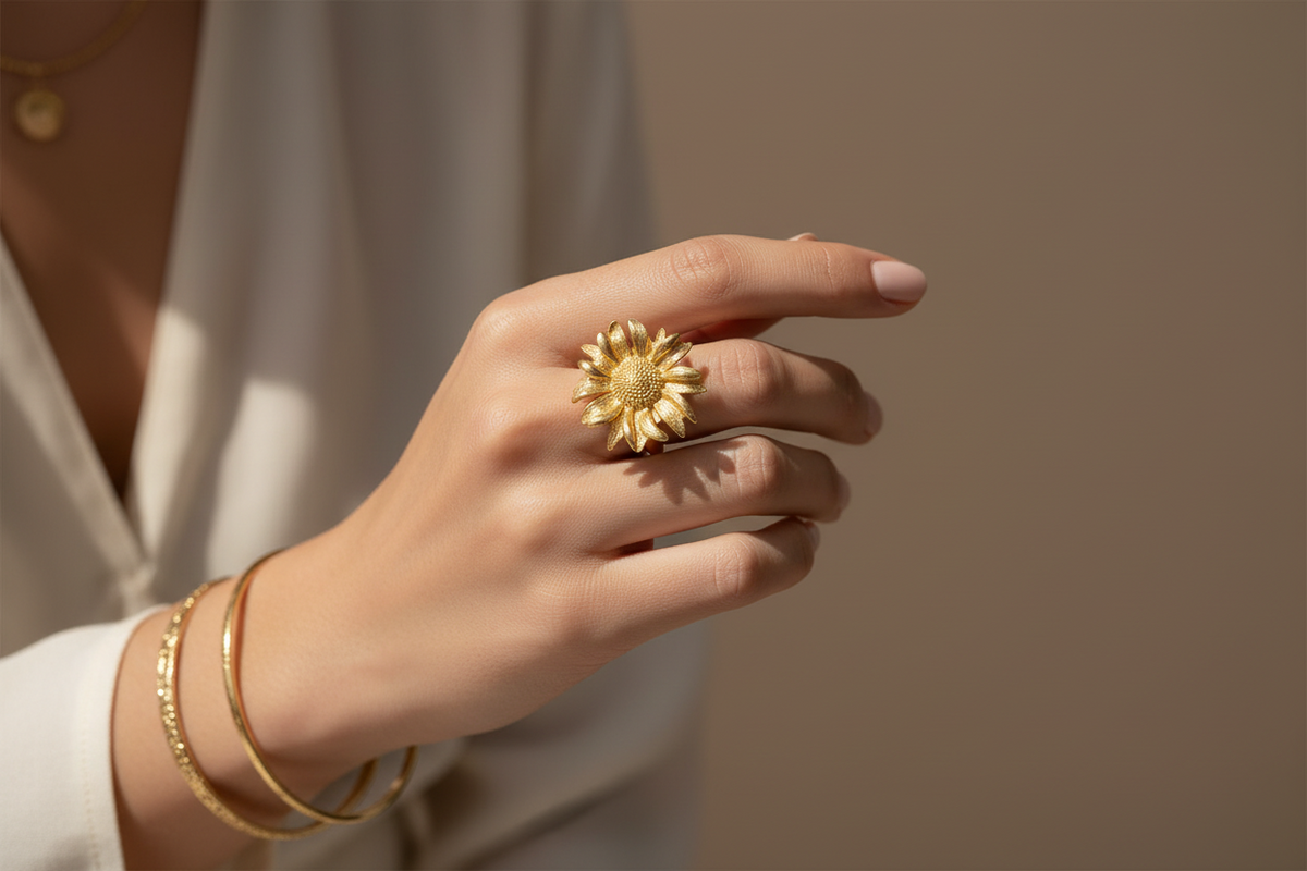 Bague fleur en acier inoxydable doré